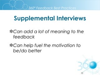360º Feedback Best Practices

Supplemental Interviews
Can add a lot of meaning to the
feedback
Can help fuel the motivation to
be/do better

32

 