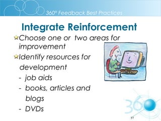 360º Feedback Best Practices

Integrate Reinforcement
Choose one or two areas for
improvement
Identify resources for
development
- job aids
- books, articles and
blogs
- DVDs
37

 