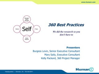 				360 Best Practices Presenters Burgess Levin, Senior Executive Consultant Mary Saily, Executive Consultant Kelly Packard, 360 Project Manager We did the research so you don’t have to 