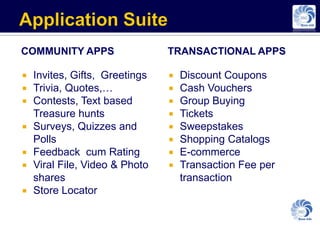 COMMUNITY APPS                TRANSACTIONAL APPS

 Invites, Gifts, Greetings    Discount Coupons
 Trivia, Quotes,…             Cash Vouchers
 Contests, Text based         Group Buying
  Treasure hunts               Tickets
 Surveys, Quizzes and         Sweepstakes
  Polls                        Shopping Catalogs
 Feedback cum Rating          E-commerce
 Viral File, Video & Photo    Transaction Fee per
  shares                        transaction
 Store Locator
 