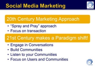 20th Century Marketing Approach
• “Spray and Pray” approach
• Focus on transaction
21st Century makes a Paradigm shift!
•   Engage in Conversations
•   Build Communities
•   Listen to your Communities
•   Focus on Users and Communities
 