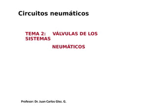 Circuitos neumáticos
TEMA 2: VÁLVULAS DE LOS
SISTEMAS
NEUMÁTICOS
Tema 12. Válvulas de los sistemas
neumáticos
Profesor: Dr. Juan Carlos Glez. G.
 
