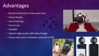 • Record all direction at the same time
• Virtual Reality
• Live Streaming
• Easy to use
• Portable
• Capture High quality 360 video/images
• Access and control remotely using wifi or NFC
Advantages
 