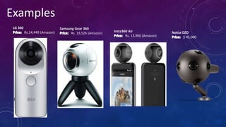 Examples
LG 360
Rs.14,449 (Amazon)
Samsung Gear 360
Rs. 19,526 (Amazon)
Insta360 Air
Rs. 13,900 (Amazon)
Nokia OZO
$ 45,000
 