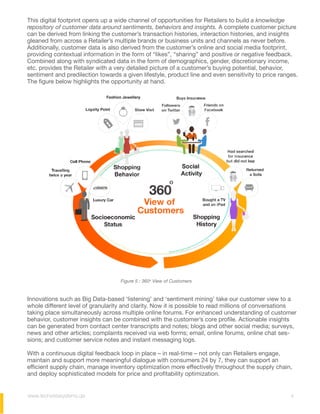 This digital footprint opens up a wide channel of opportunities for Retailers to build a knowledge
repository of customer data around sentiments, behaviors and insights. A complete customer picture
can be derived from linking the customer’s transaction histories, interaction histories, and insights
gleaned from across a Retailer’s multiple brands or business units and channels as never before.
Additionally, customer data is also derived from the customer’s online and social media footprint,
providing contextual information in the form of “likes”, “sharing” and positive or negative feedback.
Combined along with syndicated data in the form of demographics, gender, discretionary income,
etc. provides the Retailer with a very detailed picture of a customer’s buying potential, behavior,
sentiment and predilection towards a given lifestyle, product line and even sensitivity to price ranges.
The figure below highlights the opportunity at hand.
Innovations such as Big Data-based ‘listening’ and ‘sentiment mining’ take our customer view to a
whole different level of granularity and clarity. Now it is possible to read millions of conversations
taking place simultaneously across multiple online forums. For enhanced understanding of customer
behavior, customer insights can be combined with the customer’s core profile. Actionable insights
can be generated from contact center transcripts and notes; blogs and other social media; surveys,
news and other articles; complaints received via web forms; email, online forums, online chat ses-
sions; and customer service notes and instant messaging logs.
With a continuous digital feedback loop in place – in real-time – not only can Retailers engage,
maintain and support more meaningful dialogue with consumers 24 by 7, they can support an
efficient supply chain, manage inventory optimization more effectively throughout the supply chain,
and deploy sophisticated models for price and profitability optimization.
Figure 5 : 360o
View of Customers
4www.techvistasystems.qa
 