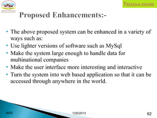  The above proposed system can be enhanced in a variety of
ways such as:
 Use lighter versions of software such as MySql
 Make the system large enough to handle data for
multinational companies
 Make the user interface more interesting and interactive
 Turn the system into web based application so that it can be
accessed through anywhere in the world.
13/6/2013 62360D
 