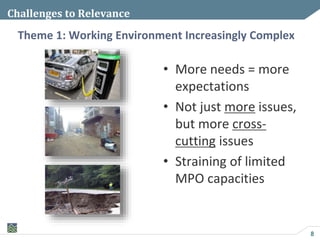 8
Theme 1: Working Environment Increasingly Complex
Challenges to Relevance
• More needs = more
expectations
• Not just more issues,
but more cross-
cutting issues
• Straining of limited
MPO capacities
 