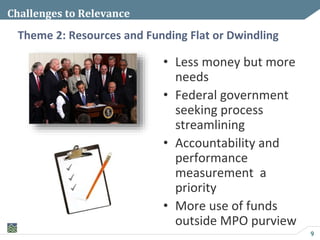 9
Theme 2: Resources and Funding Flat or Dwindling
Challenges to Relevance
• Less money but more
needs
• Federal government
seeking process
streamlining
• Accountability and
performance
measurement a
priority
• More use of funds
outside MPO purview
 
