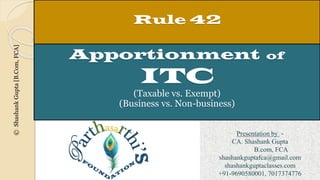 Rule 42
Presentation by -
CA. Shashank Gupta
B.com, FCA
shashankguptafca@gmail.com
shashankguptaclasses.com
+91-9690580001, 7017374776
Apportionment of
ITC
(Taxable vs. Exempt)
(Business vs. Non-business)
©ShashankGupta[B.Com,FCA]
 