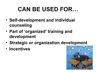 CAN BE USED FOR… Self-development and individual counseling Part of ‘organized’ training and development Strategic or organization development Incentives