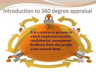 Introduction to 360 degree appraisalIt is a system or process in which employees receive confidential, anonymous feedback from the people work around them.