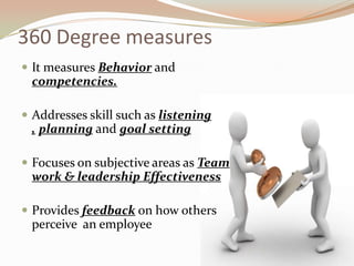 360 Degree measuresIt measures Behavior and competencies.Addresses skill such as listening ,planning and goal settingFocuses on subjective areas as Team work & leadership EffectivenessProvides feedback on how others perceive  an employee