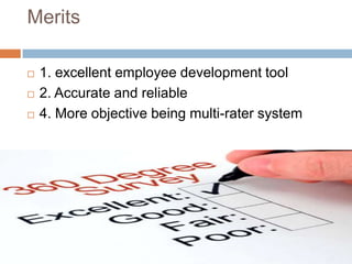 Merits

   1. excellent employee development tool
   2. Accurate and reliable
   4. More objective being multi-rater system
 