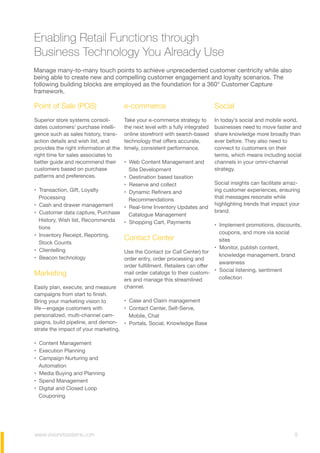 www.visionetsystems.com 9
Enabling Retail Functions through
Business Technology You Already Use
Manage many-to-many touch points to achieve unprecedented customer centricity while also
being able to create new and compelling customer engagement and loyalty scenarios. The
following building blocks are employed as the foundation for a 360° Customer Capture
framework.
Point of Sale (POS)
Superior store systems consoli-
dates customers’ purchase intelli-
gence such as sales history, trans-
action details and wish list, and
provides the right information at the
right time for sales associates to
better guide and recommend their
customers based on purchase
patterns and preferences.
• Transaction, Gift, Loyalty
Processing
• Cash and drawer management
• Customer data capture, Purchase
History, Wish list, Recommenda
tions
• Inventory Receipt, Reporting,
Stock Counts
• Clientelling
• Beacon technology
Marketing
Easily plan, execute, and measure
campaigns from start to finish.
Bring your marketing vision to
life—engage customers with
personalized, multi-channel cam-
paigns, build pipeline, and demon-
strate the impact of your marketing.
• Content Management
• Execution Planning
• Campaign Nurturing and
Automation
• Media Buying and Planning
• Spend Management
• Digital and Closed Loop
Couponing
e-commerce
Take your e-commerce strategy to
the next level with a fully integrated
online storefront with search-based
technology that offers accurate,
timely, consistent performance.
• Web Content Management and
Site Development
• Destination based taxation
• Reserve and collect
• Dynamic Refiners and
Recommendations
• Real-time Inventory Updates and
Catalogue Management
• Shopping Cart, Payments
Contact Center
Use the Contact (or Call Center) for
order entry, order processing and
order fulfillment. Retailers can offer
mail order catalogs to their custom-
ers and manage this streamlined
channel.
• Case and Claim management
• Contact Center, Self-Serve,
Mobile, Chat
• Portals, Social, Knowledge Base
Social
In today’s social and mobile world,
businesses need to move faster and
share knowledge more broadly than
ever before. They also need to
connect to customers on their
terms, which means including social
channels in your omni-channel
strategy.
Social insights can facilitate amaz-
ing customer experiences, ensuring
that messages resonate while
highlighting trends that impact your
brand.
• Implement promotions, discounts,
coupons, and more via social
sites
• Monitor, publish content,
knowledge management, brand
awareness
• Social listening, sentiment
collection
 