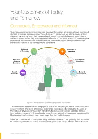 www.visionetsystems.com 1
Your Customers of Today
and Tomorrow
Connected, Empowered and Informed
Today’s consumers are more empowered than ever through an always on, always connected
devices, creating a digital persona. These tech-savvy consumers are taking charge of their
shopping experience using their preferred devices and channels to become more informed
and empowered before they even engage with Retailers. This leads to a much more complex
relationship between Retailer and consumer as consumers expect each point of engage-
ment with a Retailer to be connected and consistent.
The boundaries between virtual and physical space are becoming blurred in this Omni-chan-
nel environment. The focus of the retail experience has expanded well beyond the walls of
the Retailers’ physical store and can include multiple channels such as catalogs, call cen-
ters, mobile commerce, online and social networks—as a result, shoppers are engaging with
Retailers and products in so many more ways than they did in the past.
When we come to think of customers being ‘socially connected’, we generally limit ourselves
to considering Facebook, Twitter, Pinterest, Instagram and a couple of more social channels
Figure 1 : Your Customer - Connected, Empowered and Informed
 