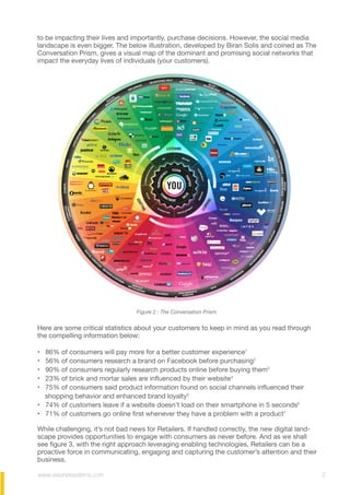 www.visionetsystems.com 2
to be impacting their lives and importantly, purchase decisions. However, the social media
landscape is even bigger. The below illustration, developed by Biran Solis and coined as The
Conversation Prism, gives a visual map of the dominant and promising social networks that
impact the everyday lives of individuals (your customers).
Here are some critical statistics about your customers to keep in mind as you read through
the compelling information below:
• 86% of consumers will pay more for a better customer experience1
• 56% of consumers research a brand on Facebook before purchasing2
• 90% of consumers regularly research products online before buying them3
• 23% of brick and mortar sales are influenced by their website4
• 75% of consumers said product information found on social channels influenced their
shopping behavior and enhanced brand loyalty5
• 74% of customers leave if a website doesn’t load on their smartphone in 5 seconds6
• 71% of customers go online first whenever they have a problem with a product7
While challenging, it’s not bad news for Retailers. If handled correctly, the new digital land-
scape provides opportunities to engage with consumers as never before. And as we shall
see figure 3, with the right approach leveraging enabling technologies, Retailers can be a
proactive force in communicating, engaging and capturing the customer’s attention and their
business.
Figure 2 : The Conversation Prism
 