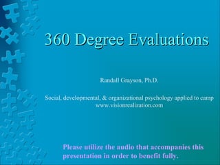 360 Degree Evaluations360 Degree Evaluations
Randall Grayson, Ph.D.
Social, developmental, & organizational psychology applied to camp
www.visionrealization.com
Please utilize the audio that accompanies this
presentation in order to benefit fully.
 