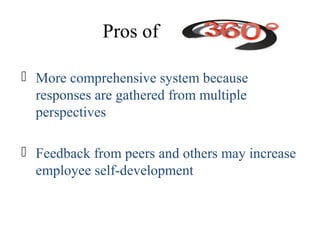 Pros of
 More comprehensive system because
responses are gathered from multiple
perspectives
 Feedback from peers and others may increase
employee self-development
 