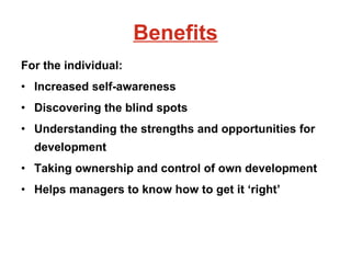 Benefits For the individual: Increased self-awareness  Discovering the blind spots Understanding the strengths and opportunities for development Taking ownership and control of own development Helps managers to know how to get it ‘right’ 