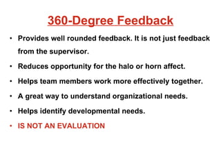 360-Degree Feedback Provides well rounded feedback. It is not just feedback from the supervisor. Reduces opportunity for the halo or horn affect. Helps team members work more effectively together. A great way to understand organizational needs. Helps identify developmental needs. IS NOT AN EVALUATION 