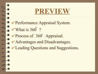 PREVIEW Performance Appraisal System. What is 360  ̊  ? Process of  360 ̊  Appraisal. Advantages and Disadvantages. Leading Questions and Suggestions. 