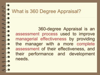 What is 360 Degree Appraisal? 360-degree Appraisal is an  assessment process  used to improve  managerial effectiveness  by providing the manager with a more  complete assessment  of their effectiveness, and their performance and development needs.  