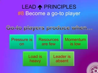 LEAD  PRINCIPLES
#8 Become a go-to player
Pressure is
on
Resources
are few
Momentum
is low
Load is
heavy
Leader is
absent
 