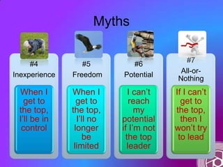 Myths
#4
Inexperience
When I
get to
the top,
I‟ll be in
control
#5
Freedom
When I
get to
the top,
I‟ll no
longer
be
limite...