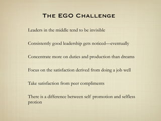 The EGO Challenge
Leaders in the middle tend to be invisible

Consistently good leadership gets noticed—eventually

Concen...