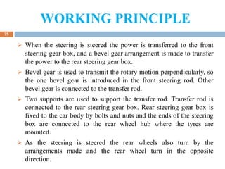WORKING PRINCIPLE
25
 When the steering is steered the power is transferred to the front
steering gear box, and a bevel gear arrangement is made to transfer
the power to the rear steering gear box.
 Bevel gear is used to transmit the rotary motion perpendicularly, so
the one bevel gear is introduced in the front steering rod. Other
bevel gear is connected to the transfer rod.
 Two supports are used to support the transfer rod. Transfer rod is
connected to the rear steering gear box. Rear steering gear box is
fixed to the car body by bolts and nuts and the ends of the steering
box are connected to the rear wheel hub where the tyres are
mounted.
 As the steering is steered the rear wheels also turn by the
arrangements made and the rear wheel turn in the opposite
direction.
 