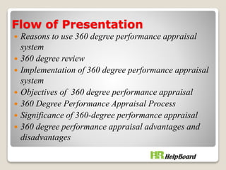 Flow of Presentation
 Reasons to use 360 degree performance appraisal
system
 360 degree review
 Implementation of 360 degree performance appraisal
system
 Objectives of 360 degree performance appraisal
 360 Degree Performance Appraisal Process
 Significance of 360-degree performance appraisal
 360 degree performance appraisal advantages and
disadvantages
 