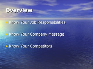 Overview Know Your Job Responsibilities Know Your Company Message Know Your Competitors 