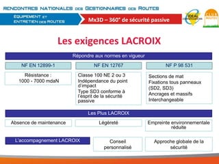 Mx3D – 360° de sécurité passive

Les exigences LACROIX
Répondre aux normes en vigueur
NF EN 12899-1
Résistance :
1000 - 7000 mdaN

NF EN 12767
Classe 100 NE 2 ou 3
Indépendance du point
d’impact
Type SD3 conforme à
l’esprit de la sécurité
passive

NF P 98 531

Sections de mat
Fixations tous panneaux
(SD2, SD3)
Ancrages et massifs
Interchangeable

Les Plus LACROIX
Absence de maintenance

L’accompagnement LACROIX

Légèreté

Conseil
personnalisé

Empreinte environnementale
réduite
Approche globale de la
sécurité

 