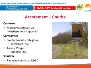 Mx3D – 360° de sécurité passive

Accotement + Courbe
Contexte
 MuseoParc Alésia : un
investissement important
Contraintes
 Emplacement stratégique
 SUPPRIMER : Non

 Talus + Virage
 ELOIGNER : Non

Solution
 Panneau comm sur Mx3D

 
