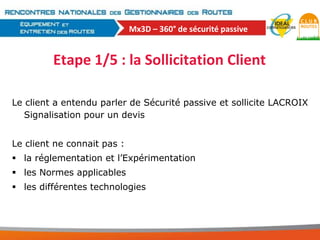 Mx3D – 360° de sécurité passive

Etape 1/5 : la Sollicitation Client
Le client a entendu parler de Sécurité passive et sollicite LACROIX
Signalisation pour un devis
Le client ne connait pas :
 la réglementation et l’Expérimentation

 les Normes applicables
 les différentes technologies

 