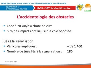 Mx3D – 360° de sécurité passive

L’accidentologie des obstacles
 Choc à 70 km/h = chute de 20m
 50% des impacts ont lieu sur la voie opposée
Liés à la signalisation
 Véhicules impliqués :
 Nombre de tués liés à la signalisation :
Source : ONISR 2010

+ de 1 400
180

 