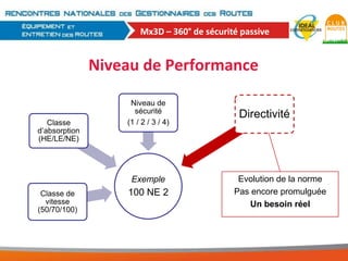Mx3D – 360° de sécurité passive

Niveau de Performance

Classe
d’absorption
(HE/LE/NE)

Niveau de
sécurité
(1 / 2 / 3 / 4)

Exemple
Classe de
vitesse
(50/70/100)

100 NE 2

Directivité

Evolution de la norme
Pas encore promulguée
Un besoin réel

 