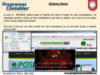 Sistema Demo
Al poner la INSTANCIA, deberá pulsar el cuadrito que tiene la imagen de unas computadoras y se
desplegara servidor y enlace, de favor reemplace lo que tiene su sistema por lo que ve en la imagen
anexa y pulsar aceptar para ingresar.
Esto solo lo hará por una única ocasión por cada computadora con la cual usted accese a nuestros
servicios 360º.
 