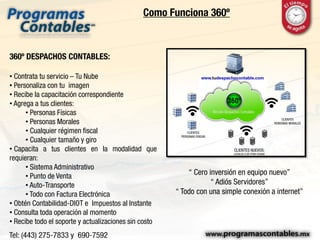 Como Funciona 360º
360º DESPACHOS CONTABLES:
• Contrata tu servicio – Tu Nube
• Personaliza con tu imagen
• Recibe la capacitación correspondiente
• Agrega a tus clientes:
• Personas Físicas
• Personas Morales
• Cualquier régimen fiscal
• Cualquier tamaño y giro
• Capacita a tus clientes en la modalidad que
requieran:
• Sistema Administrativo
• Punto de Venta
• Auto-Transporte
• Todo con Factura Electrónica
• Obtén Contabilidad-DIOT e Impuestos al Instante
• Consulta toda operación al momento
• Recibe todo el soporte y actualizaciones sin costo
“ Cero inversión en equipo nuevo”
“ Adiós Servidores”
“ Todo con una simple conexión a internet”
 