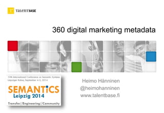 360 digital marketing metadata
Heimo Hänninen
@heimohanninen
www.talentbase.fi
 