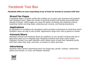 Facebook Tool Box
Facebook offers an ever-expanding array of tools for brands to connect with fans


 • Brand Fan Pages
 A...