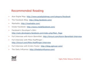 Recommended Reading

•    Asia Digital Map: http://www.asiadigitalmap.com/category/facebook
•    The Facebook Blog: http://blog.facebook.com/

•    Mashable: http://mashable.com/
•    Inside Facebook: http://www.insidefacebook.com/

•    Facebook’s Developer’s Wiki:
     http://wiki.developers.facebook.com/index.php/Main_Page
•    Full Interview with Kevin Barenblat: http://tinyurl.com/Kevin-Barenblat-Interview

•    Full Interview with Mike Hoefflinger :
     http://tinyurl.com/Mike-Hoefflinger-Interview

•    Full Interview with Kristin Foster: http://blog.ogilvypr.com/
•    The Daily Influence: http://thedailyinfluence.com/
 