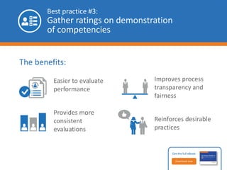 Best practice #3: 
Follow up with coaching and development 
• Use multirater feedback 
to enhance goal-setting 
and feedback 
• Address any areas of weakness 
with learning opportunities 
• Measure and recognize 
performance improvements 
Get the full eBook: 
Download now 
 