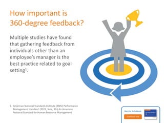 Most HR managers realize the 
importance of 360-degree feedback, 
but they still don’t use it reguarly2. 
Even when they have the right tool, they 
don’t use it to its full potential. That’s 
like buying a high-end digital camera 
and not using all of the features. 
2. Corporate Leadership Council (Corporate Executive Board, 
Secondary Research Findings – Trends in 360-degree 
Reviews, May 2003.) 
Get the full eBook: 
Download now 
 