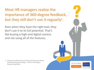 In the 360-degree feedback eBook, you’ll learn: 
how to improve 
performance reviews 
with multirater feedback, 
how to implement 
best practices 
how other companies 
have found success with 
Halogen 360 Multirater™ 
Get the full eBook: 
Download now 
 