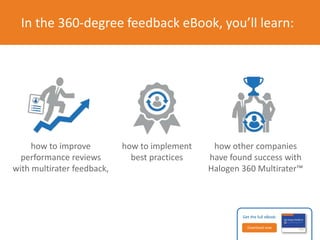 The benefits of 360-degree feedback: 
More accurate, 
credible and reliable 
performance 
appraisal ratings 
Improved 
employee 
performance 
Increased employee 
acceptance of 
performance 
feedback 
Higher-functioning 
work teams 
Get the full eBook: 
Download now 
 