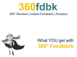 Things To Do
Employees & Reviewers
360° Reviews | Instant Feedback | Analytics
Anytime, Anywhere, Anyone
What YOU get with
360 Feedback
360fdbk
 