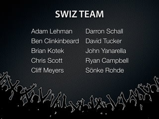 SWIZ TEAM
Adam Lehman        Darron Schall
Ben Clinkinbeard   David Tucker
Brian Kotek        John Yanarella
Chris Scott        Ryan Campbell
Cliff Meyers       Sönke Rohde
 