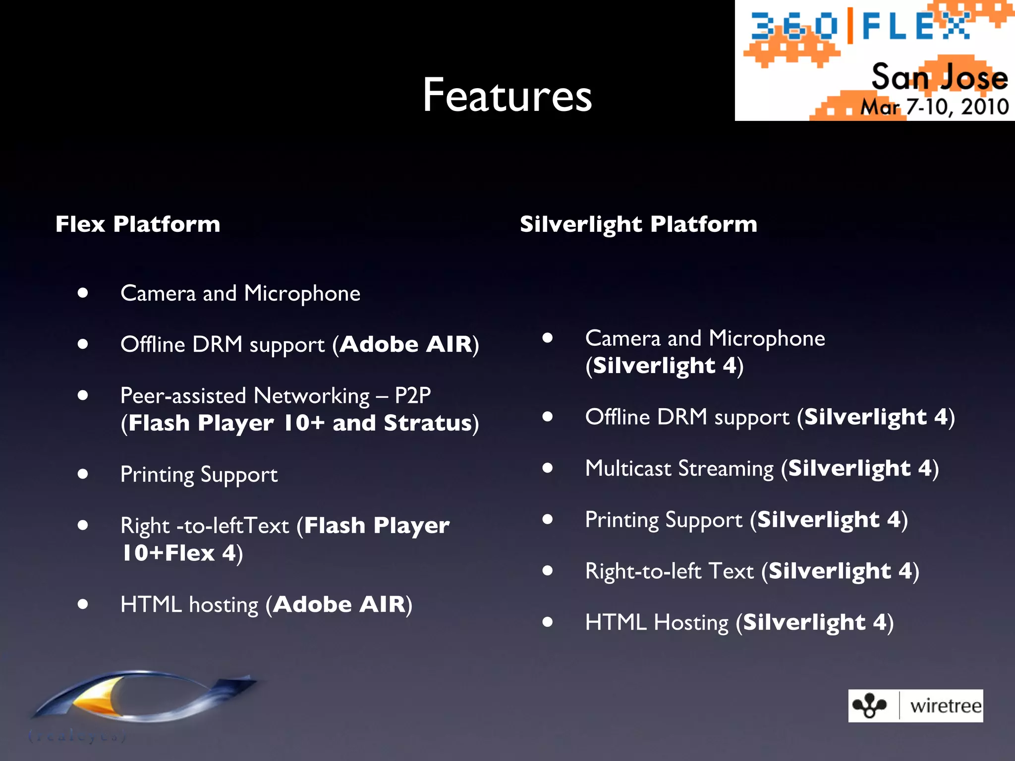 Features Flex Platform Camera and Microphone Offline DRM support ( Adobe AIR ) Peer-assisted Networking – P2P ( Flash Player 10+ and Stratus ) Printing Support Right -to-leftText ( Flash Player 10+Flex 4 ) HTML hosting ( Adobe AIR ) Silverlight Platform Camera and Microphone ( Silverlight 4 ) Offline DRM support ( Silverlight 4 ) Multicast Streaming ( Silverlight 4 ) Printing Support ( Silverlight 4 ) Right-to-left Text ( Silverlight 4 ) HTML Hosting ( Silverlight 4 ) 