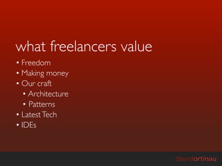what freelancers value
• Freedom
• Making money
• Our craft
  • Architecture
  • Patterns
• Latest Tech
• IDEs
 